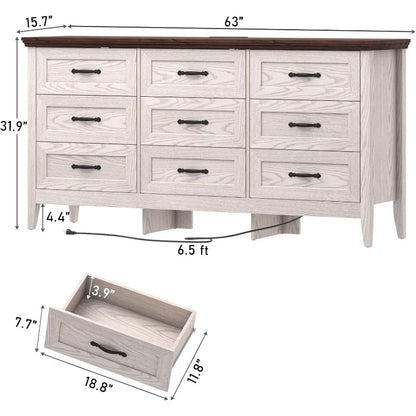 Farmhouse 9 Drawers Dresser, 63`