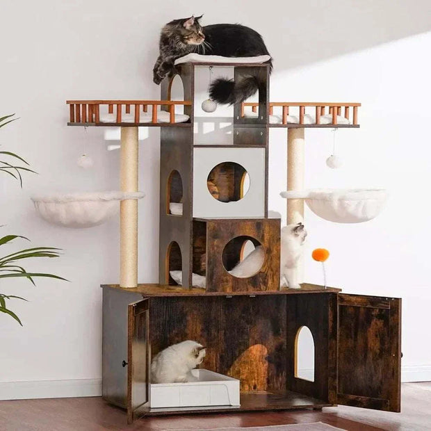 Cat tree with litter box enclosure featuring three perches, sisal-covered pillars, and multiple cat condos.