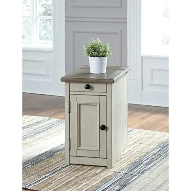 Farmhouse end table with outlets and USB ports, crafted with a rustic design, featuring a pull-out tray and charging station in a cozy living space.