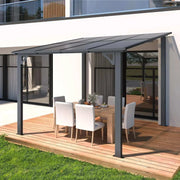 10' x 8' wall-mounted lean to gazebo on patio, providing UV and water protection.