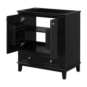 Bathroom vanity with ceramic sink, storage cabinet with doors and drawer, and adjustable shelf.