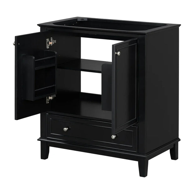 Bathroom vanity with ceramic sink, storage cabinet with doors and drawer, and adjustable shelf.