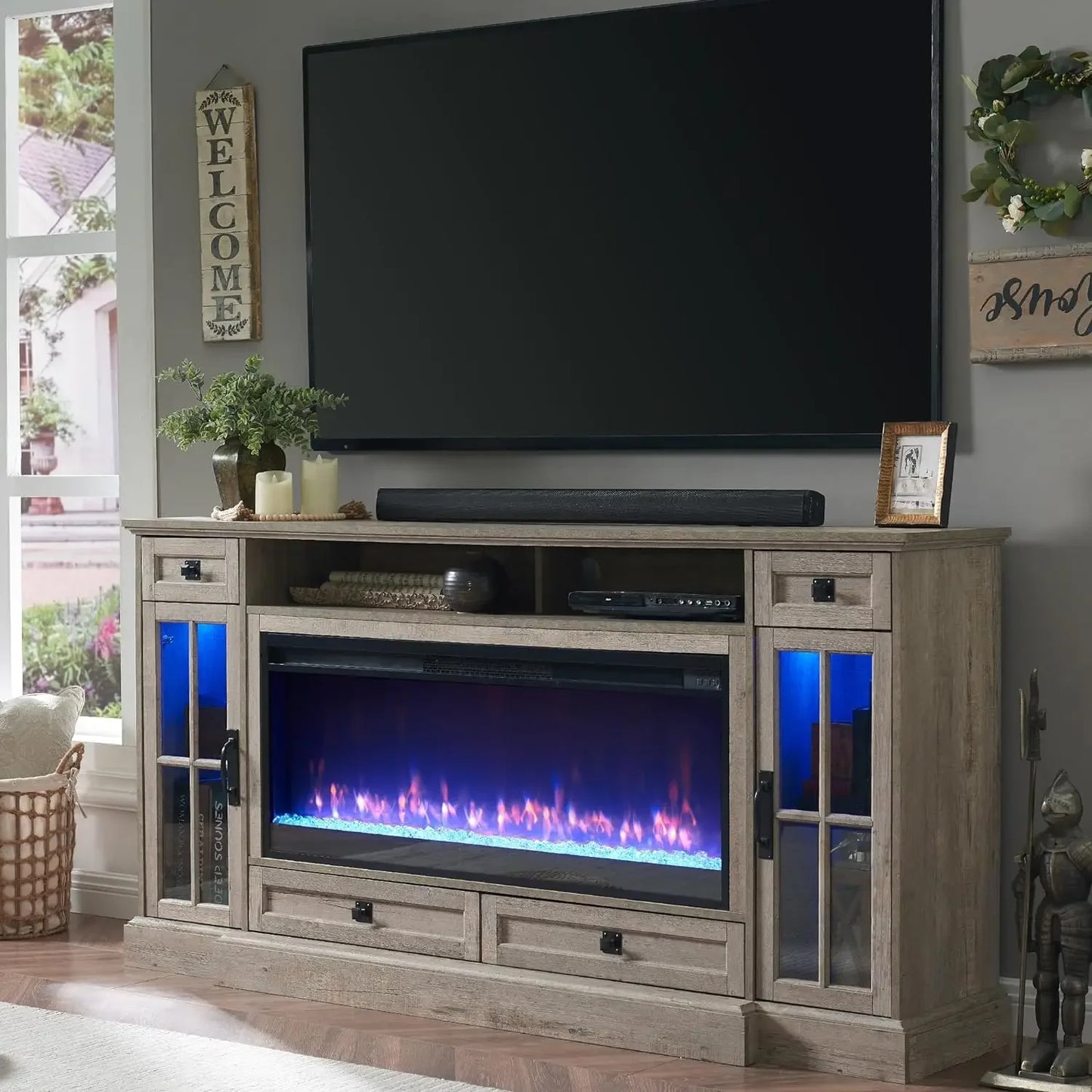 Farmhouse Entertainment Center with 42" Fireplace & LED Lights