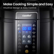COMFEE’ 6 Quart 9-in-1 Electric Pressure Cooker with intuitive design and easy control panel.