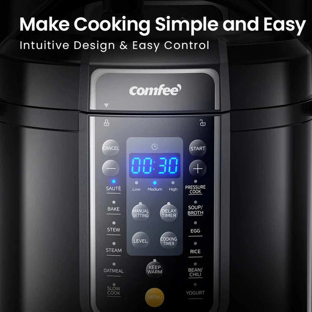 COMFEE’ 6 Quart 9-in-1 Electric Pressure Cooker with intuitive design and easy control panel.