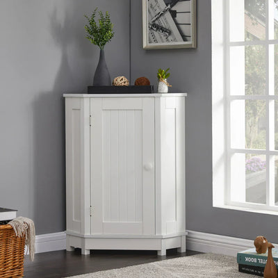 Corner bathroom white storage cabinet with adjustable shelves, wooden knobs, and waterproof MDF board for versatile small space organization.