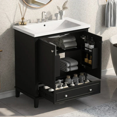 Bathroom vanity with ceramic sink, storage cabinet with doors and drawer, and adjustable shelf.