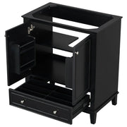 Bathroom vanity with ceramic sink, storage cabinet with doors and drawer, and adjustable shelf.