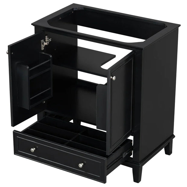 Bathroom vanity with ceramic sink, storage cabinet with doors and drawer, and adjustable shelf.