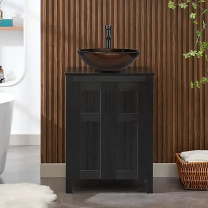 Black Wood Vanity with Ceramic Vessel Sink