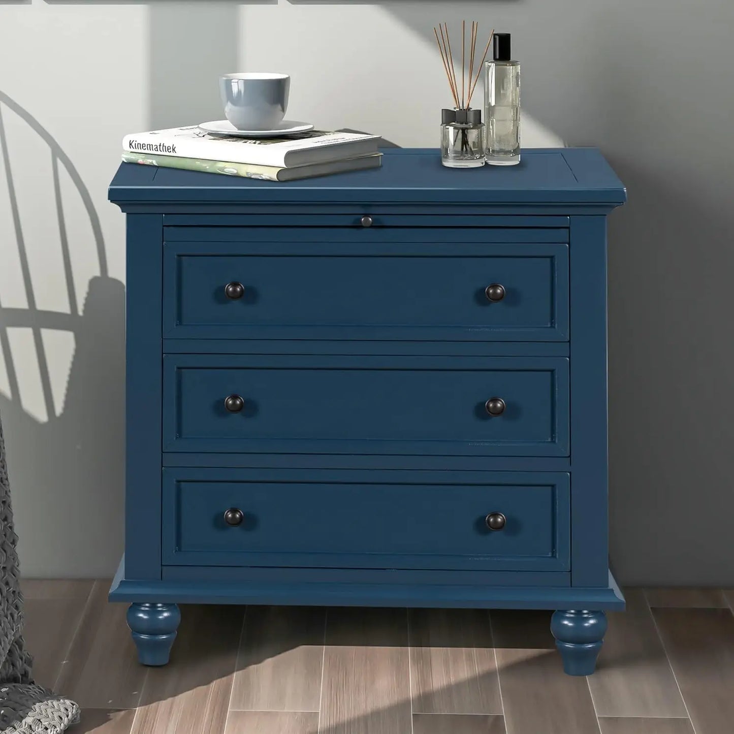 Black Wood Nightstand With 3 Storage Drawers