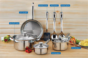 10 piece nonstick stainless steel cookware set with vented lids and utensils displayed in a kitchen setting.