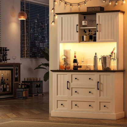 Farmhouse Kitchen Hutch With LED Light & Power Outlets,