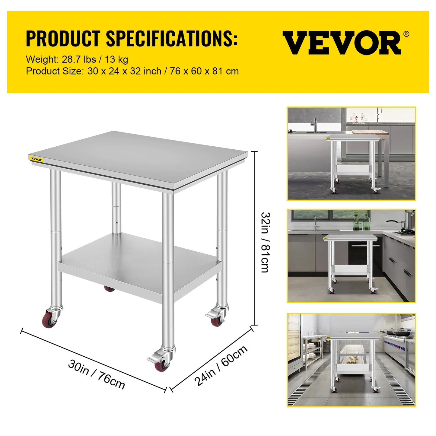 Stainless Steel Kitchen Worktable with Caster Wheels