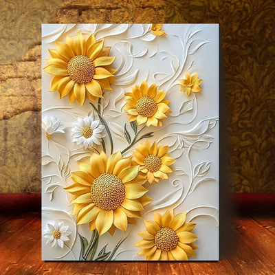 3D relief sunflower canvas art with wood frame in vivid yellow.