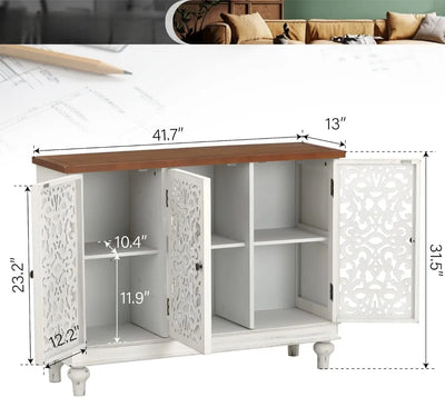 Farmhouse accent cabinet with doors, wood craftsmanship, brass knobs, shabby chic design.