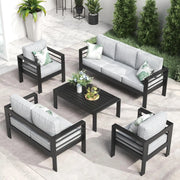 5 pieces patio sectional sofa with fire pit table on stylish outdoor setting.