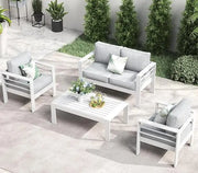 5 pieces patio sectional sofa with fire pit table on stylish outdoor setting.