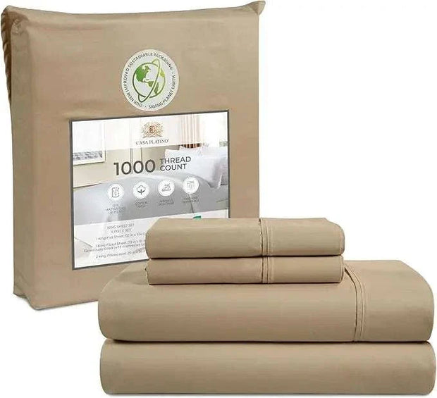 Luxurious 1000 thread count queen sheet set in beige, showcasing soft and durable polyester blend with a premium finish.
