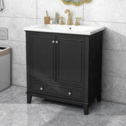 Bathroom vanity with ceramic sink, storage cabinet with doors and drawer, and adjustable shelf.
