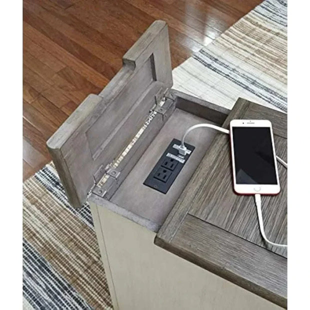 Farmhouse end table with charging station, outlets, and USB ports in a living space.